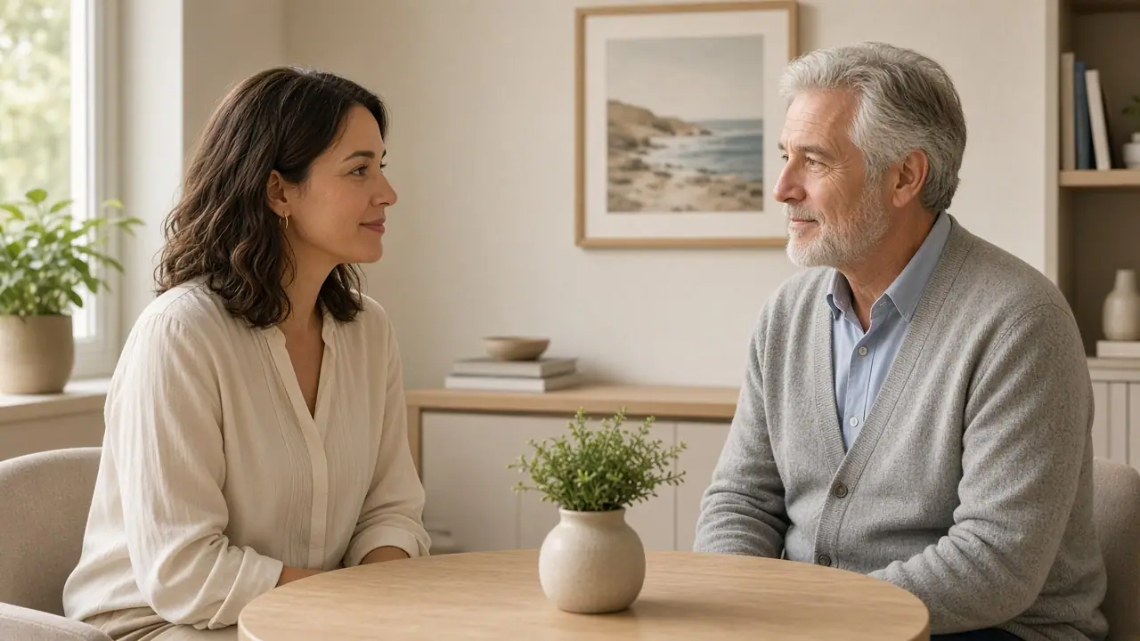 Two adults talking across a table in a clinic
